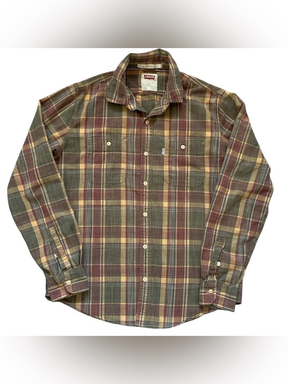 Levi's Men's Olive, Burgundy & Tan Plaid Button-Down Shirt